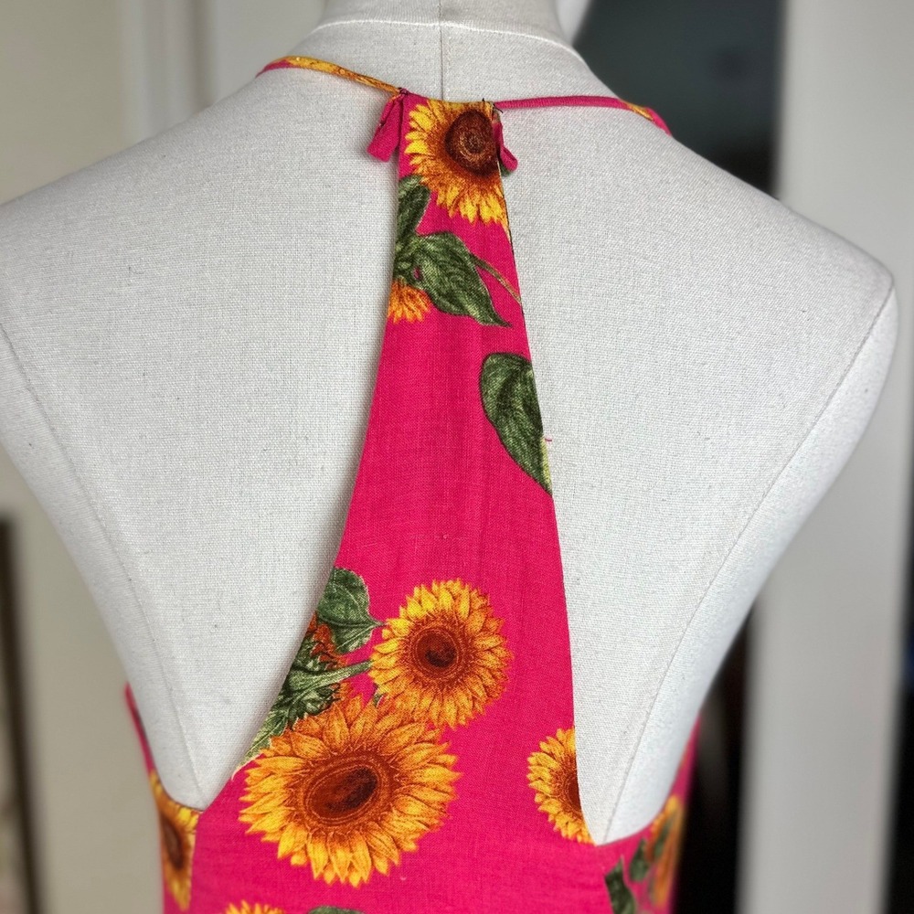Farm Rio Brazil Sunflower Maxi Dress Sz XS Pink Floral Halter Boho Summer V-Neck - Picture 8 of 14